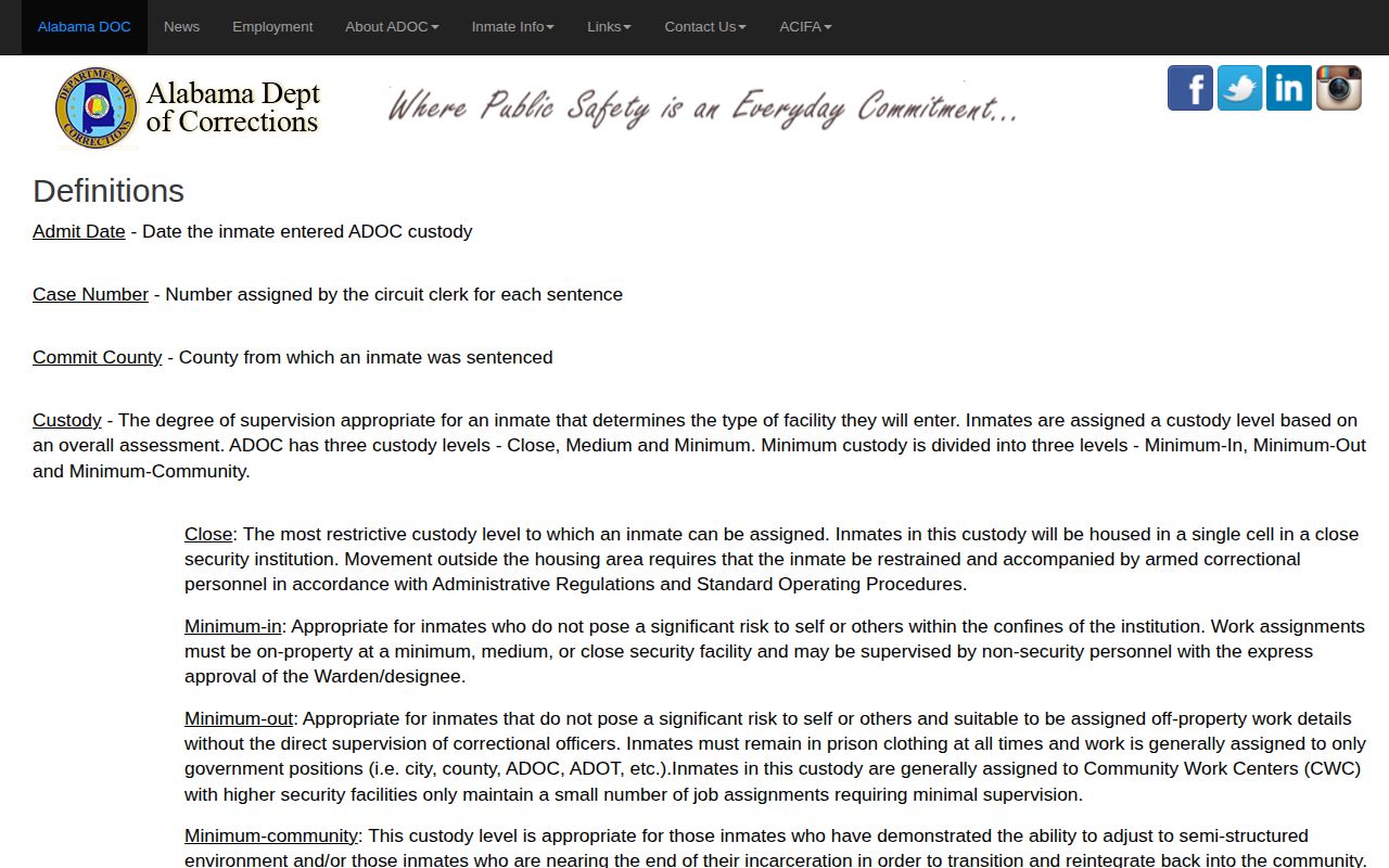 Crenshaw County projected release date ADOC definitions fields